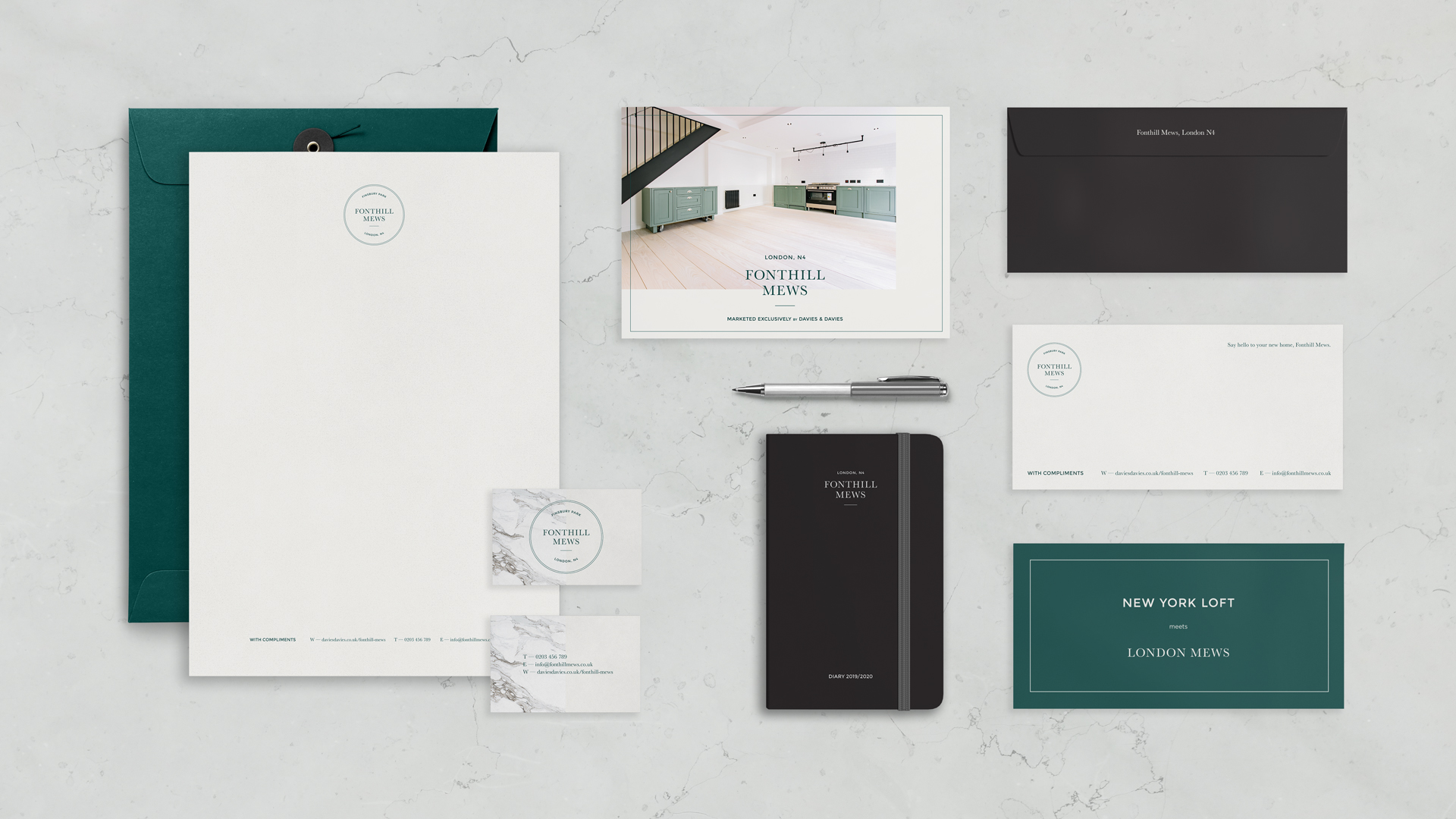 Stationary designs for Fonthill Mews, Finsbury Park properties. Graphic design by Barefaced Studios, design agency based in Islington, North London.