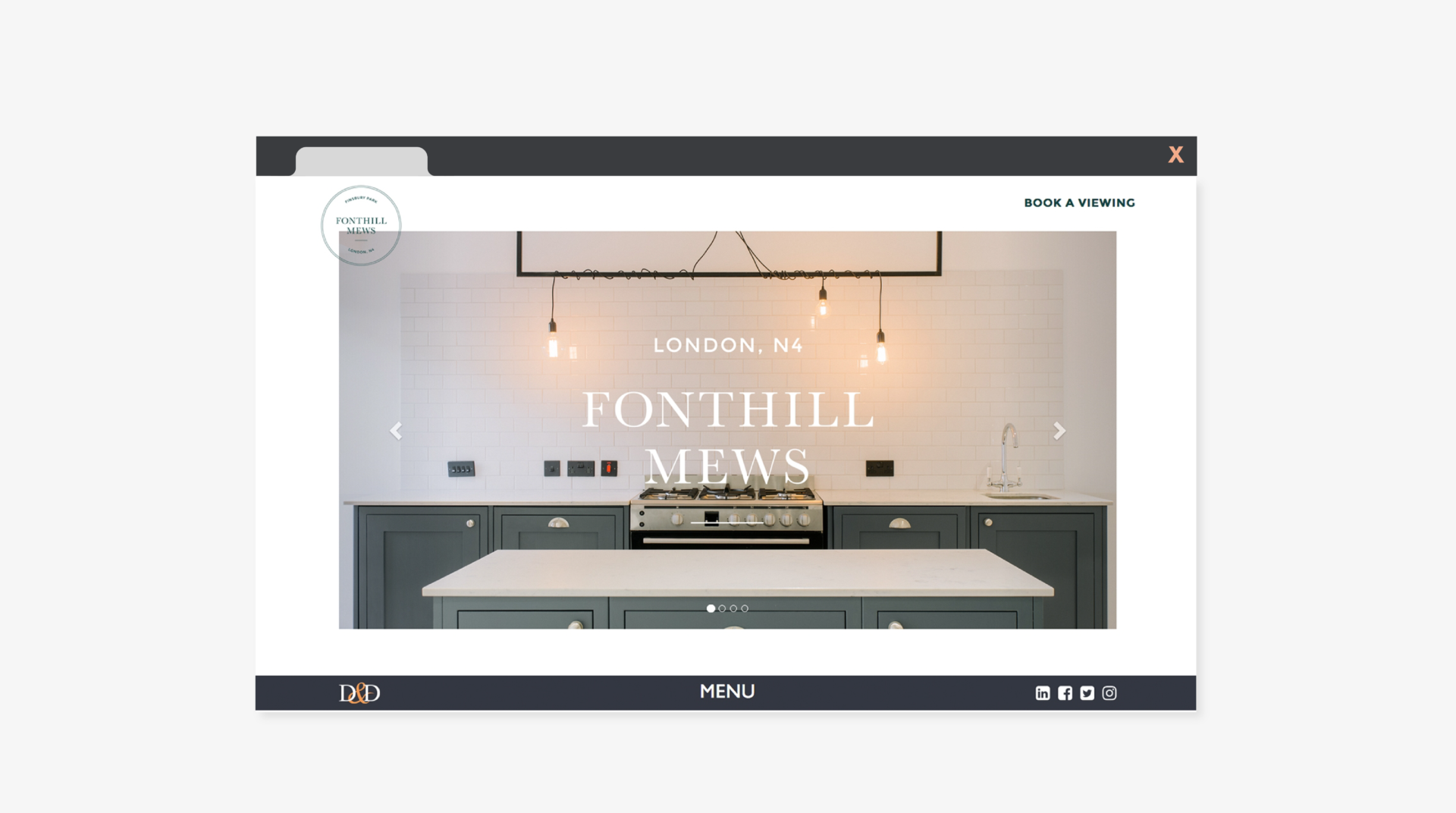 Website page for Fonthill Mews, Finsbury Park properties. Graphic design by Barefaced Studios, design agency based in Islington, North London.