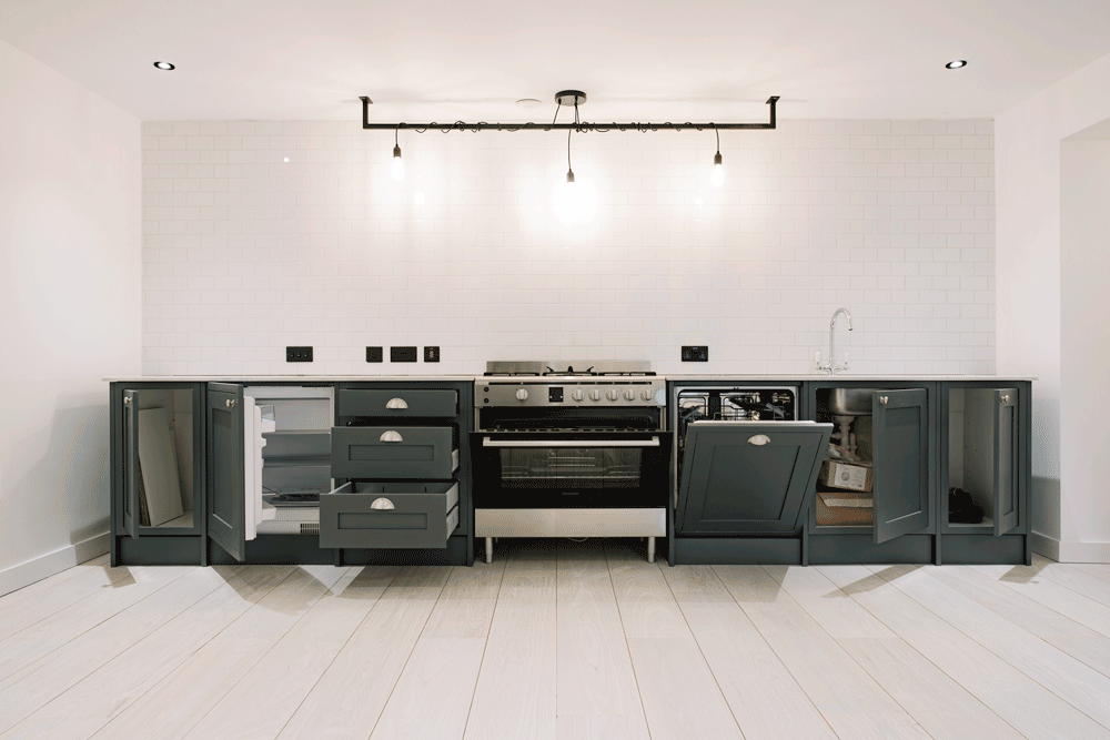 Photograph of cooker and kitchen unit in Fonthill Mews, Finsbury Park properties. Graphic design by Barefaced Studios, design agency based in Islington, North London.