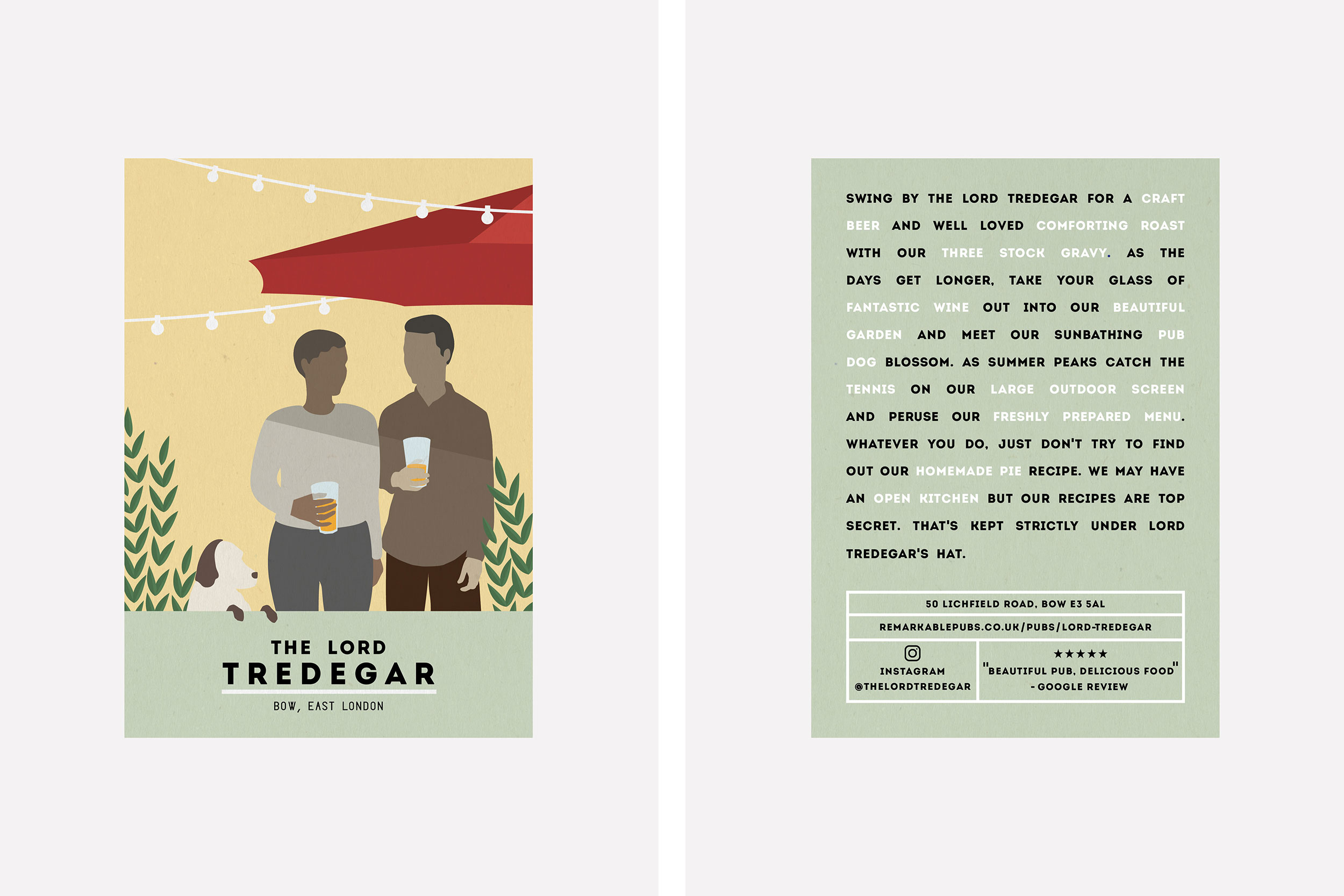Poster for the Lord Tredegar Pub, owned by Remarkable Pubs. Graphic of two people holding drinks, under fairy lights, with a dog at their side. Graphic design produced by Barefaced Studios, design agency based in Islington, North London.