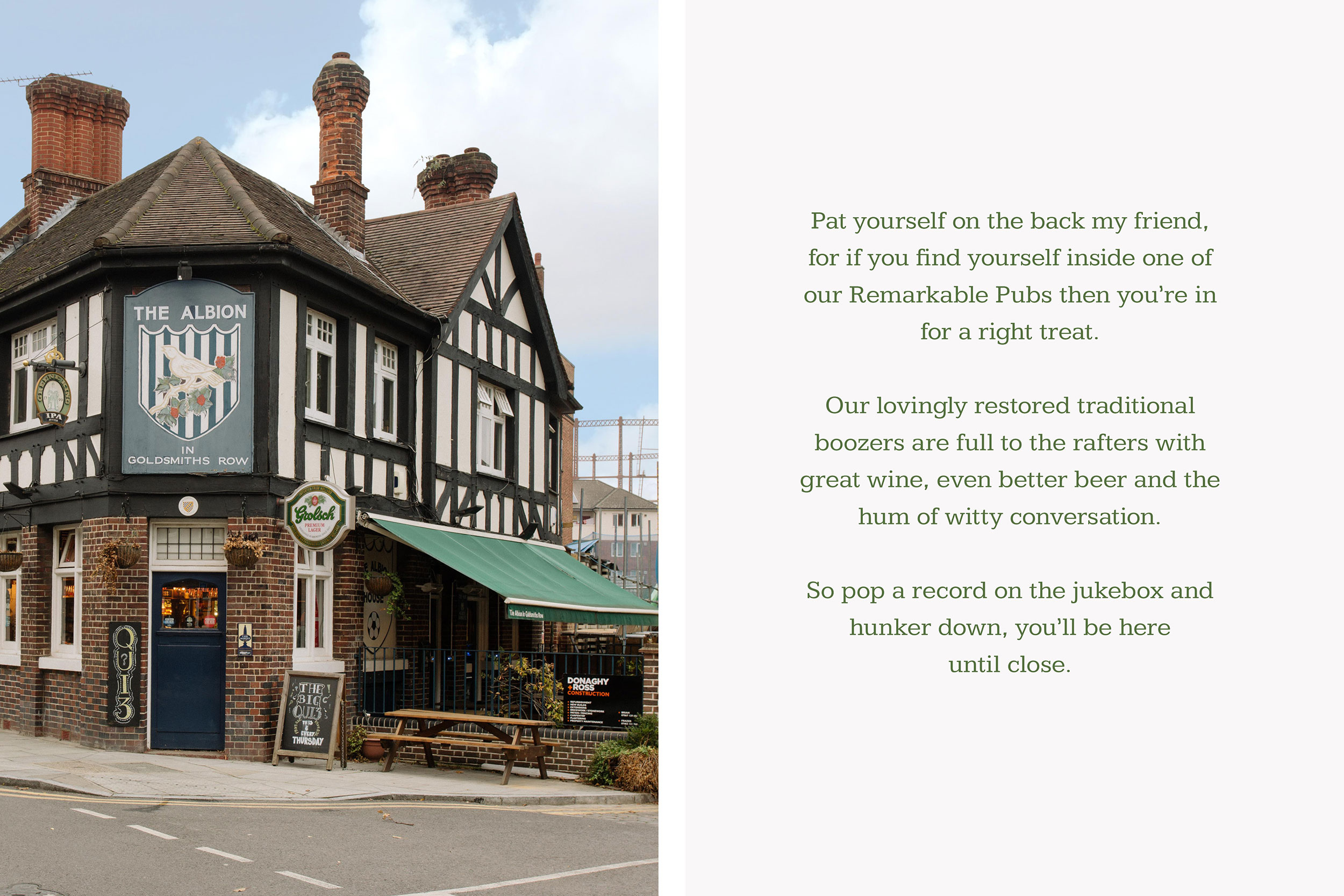 Shot of the exterior of a pub, next to text about Remarkable Pubs. Graphic design produced by Barefaced Studios, design agency based in Islington, North London.