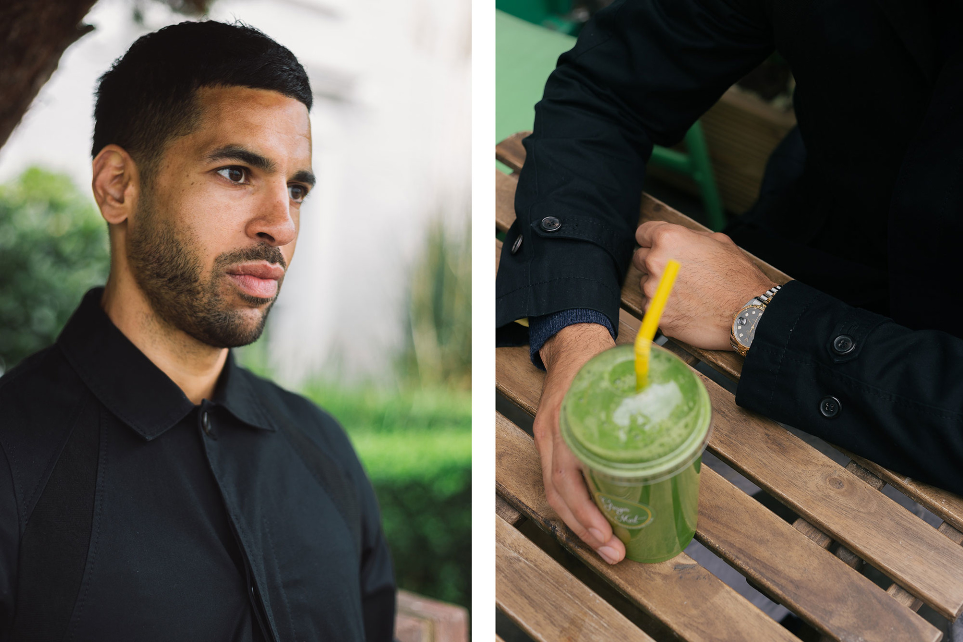 Fortytude promotional shots- one shows a model in a black jacket, the other a green smoothie. Graphic design produced by Barefaced Studios, design agency based in Islington, North London.
