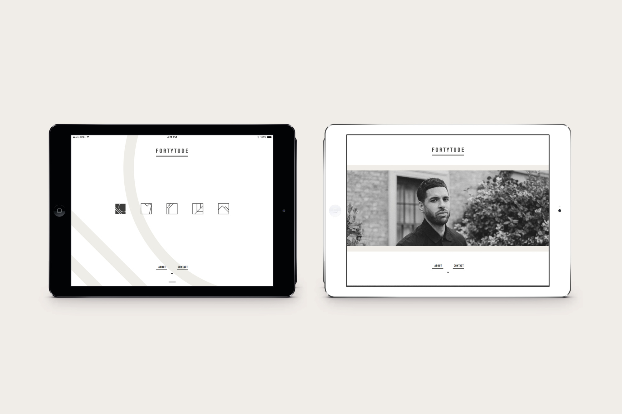 Fortytude website displayed on an iPad. Monochrome design, with simple line graphics. Graphic design produced by Barefaced Studios, design agency based in Islington, North London.
