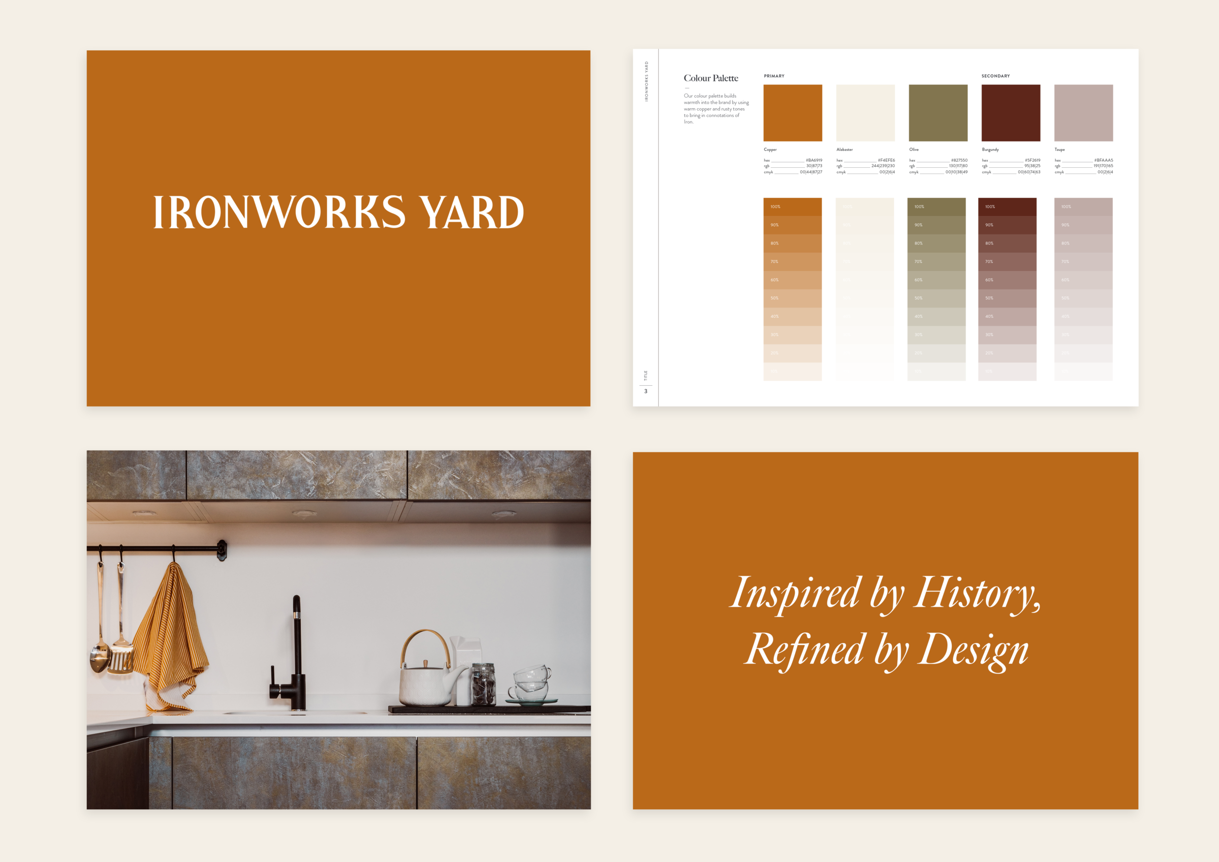 Brand guidelines for the Ironworks Yard development including logo, colour palette, slogan and imagery.